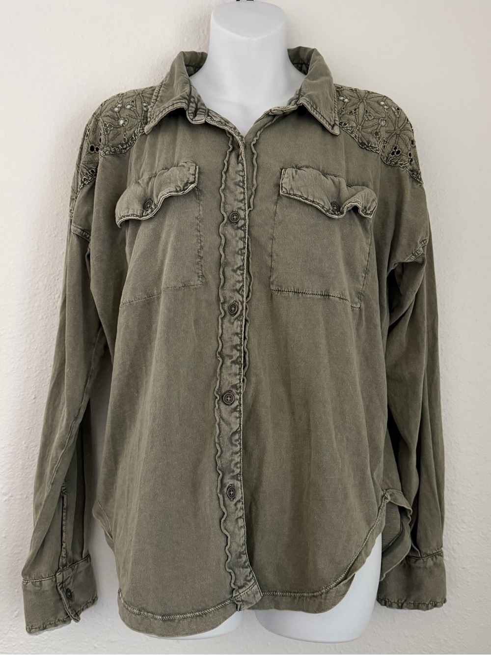 Olive Green Button-Down Shirt with Embroidered Shoulders